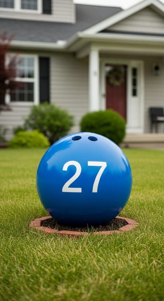 Bowling Ball Yard Art for house number