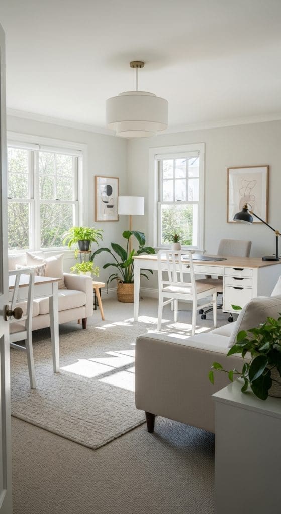 light coloured sofa and desk