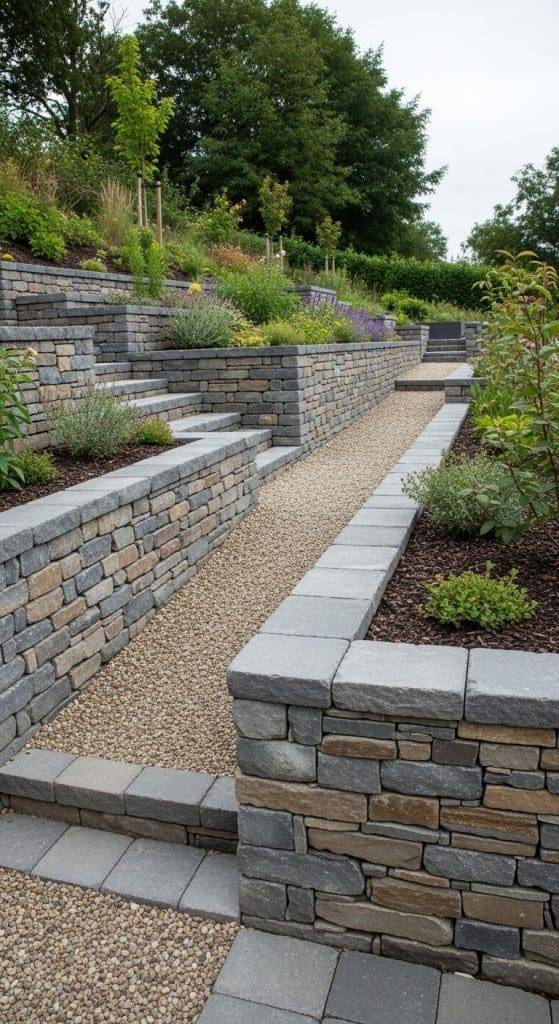 Sloped garden ideas with retaining wall