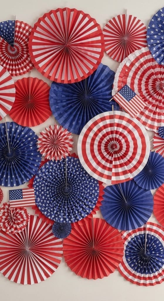 round paper fans red white and blue