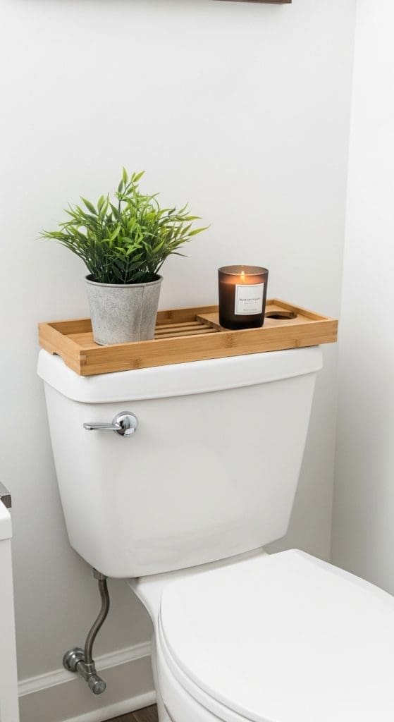 plant and candle on wooden tray Back of Toilet Decor