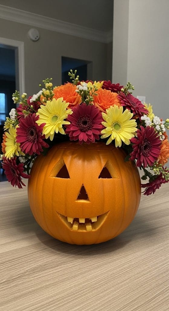 pumpkin face with flower hair