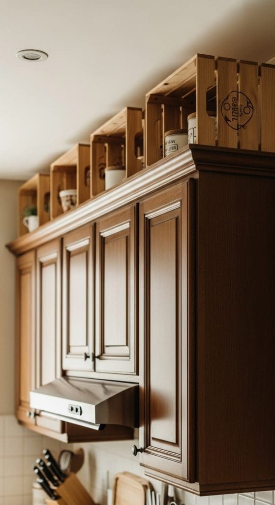 Style the Space Above Kitchen Cabinets with vintage crates