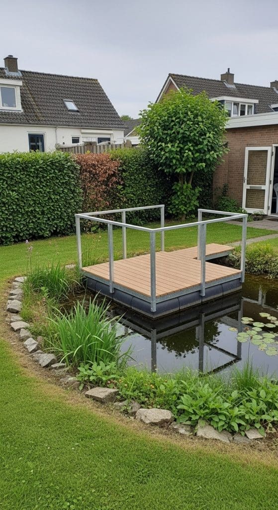 Floating deck pond in small garden