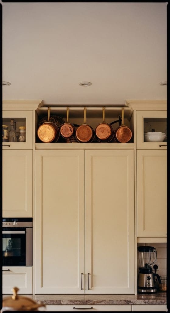 Style the Space Above Kitchen Cabinets with rustic copper pans