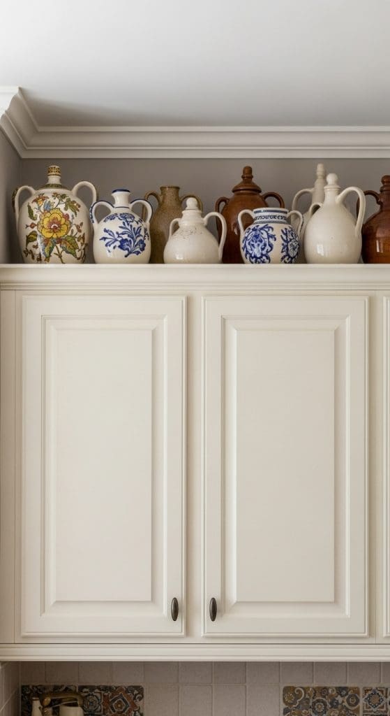 old fashion jugs on top of kitchen cabinets