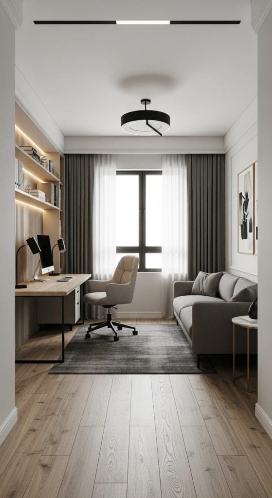 couch opposite desk in narrow room