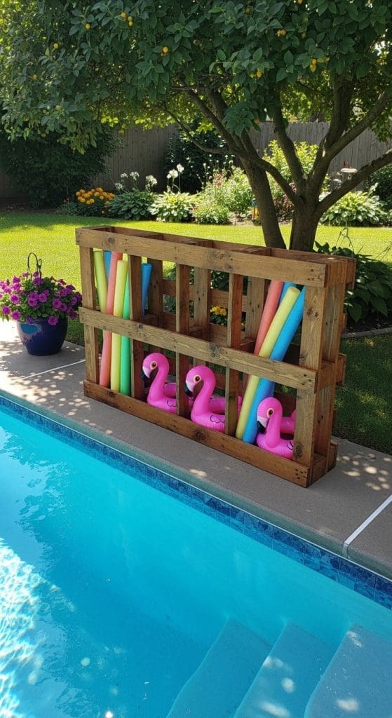 wooden crates Pool Float Storage Ideas