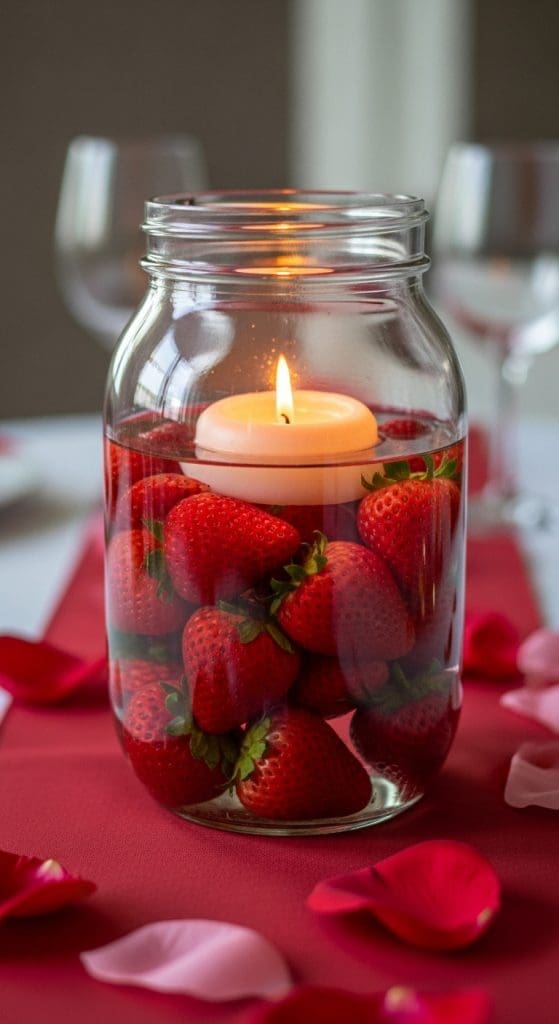 strawberry jar with water and floating candle