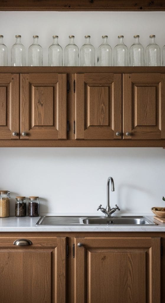 glass jugs on top of kitchen cabinets