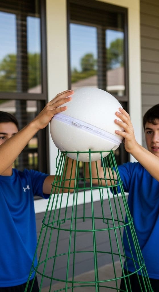 foam ball on top of tomato cage
