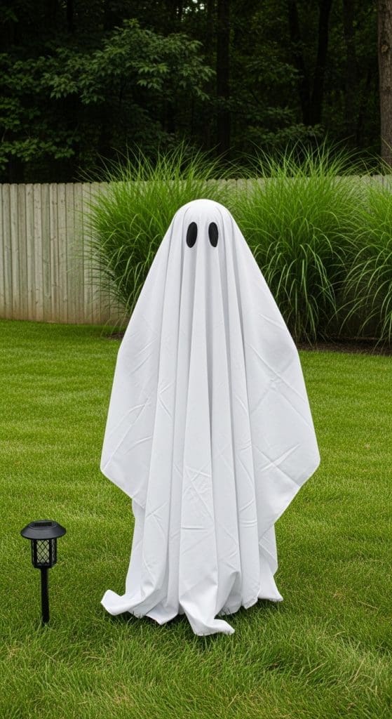 DIY tomato cage ghost with black eyes