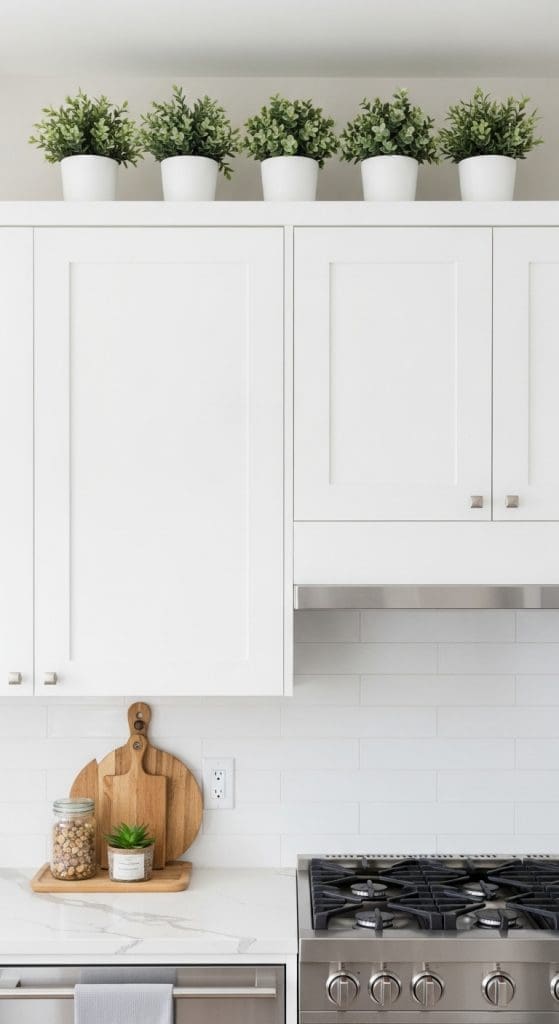 potted plants on top of kitchen cabinets