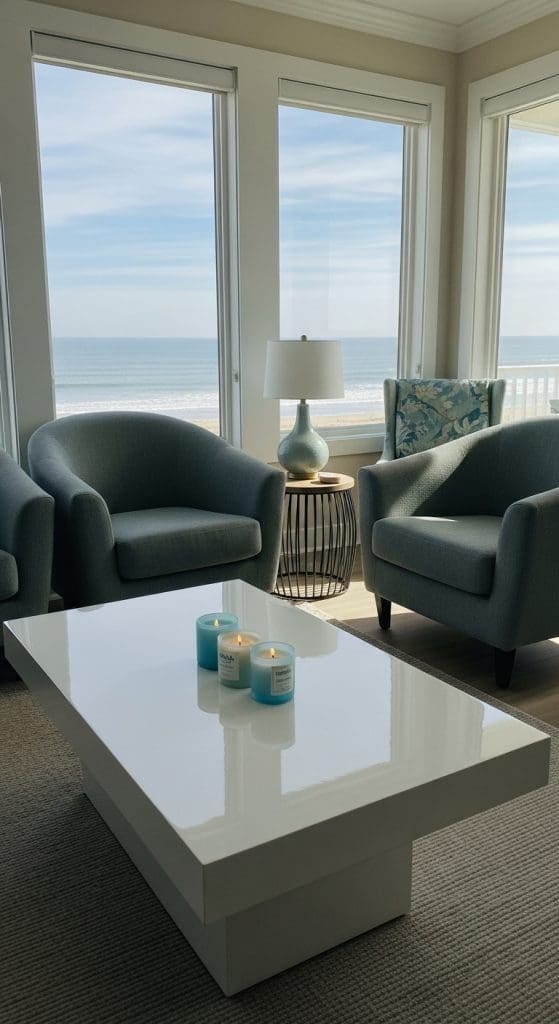 ocean scented candles on coffee table