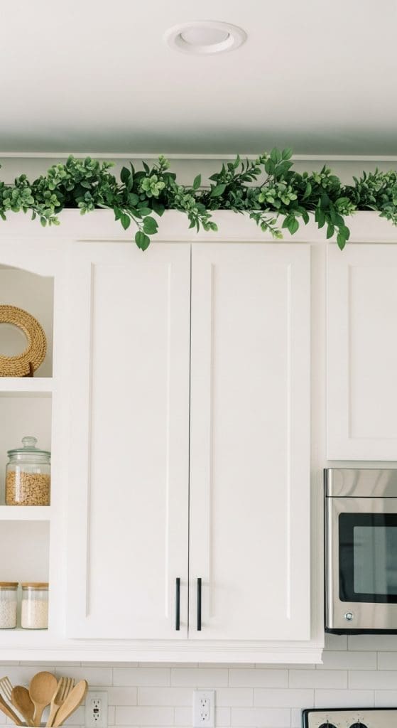 green garland on top of kitchen cabinets