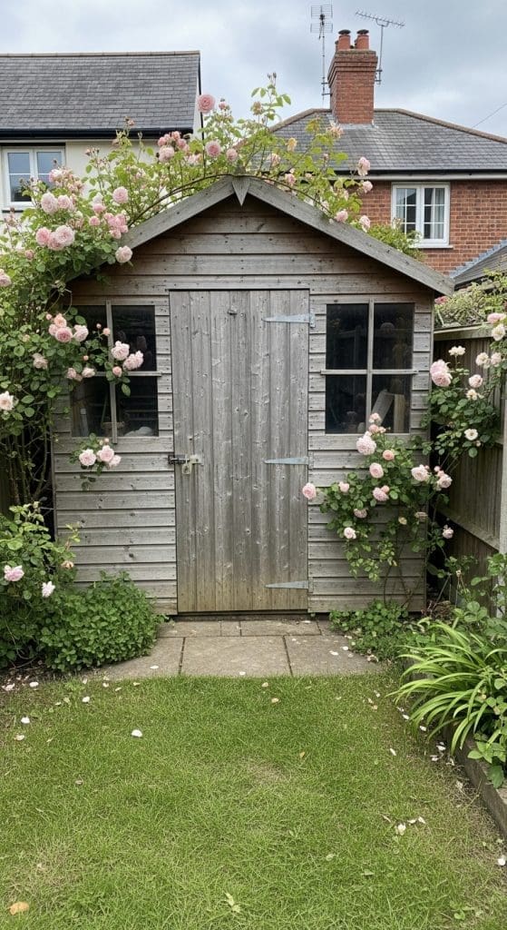 weathered wood shed with climbing roses