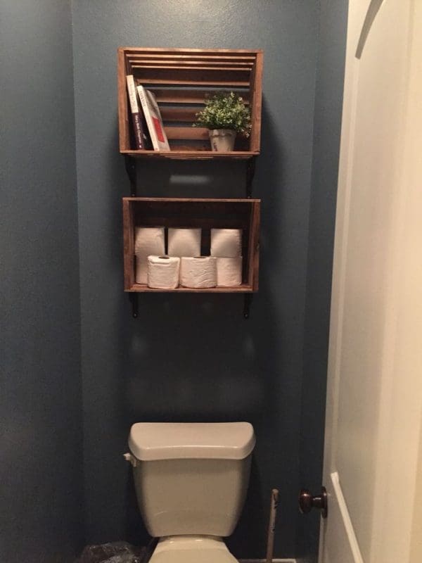 wooden crate shelf Farmhouse Bathroom DIY