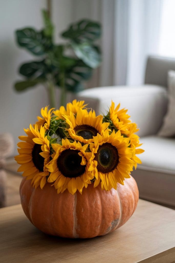 DIY Thanksgiving Pumpkin Floral Centerpiece with sunflowers