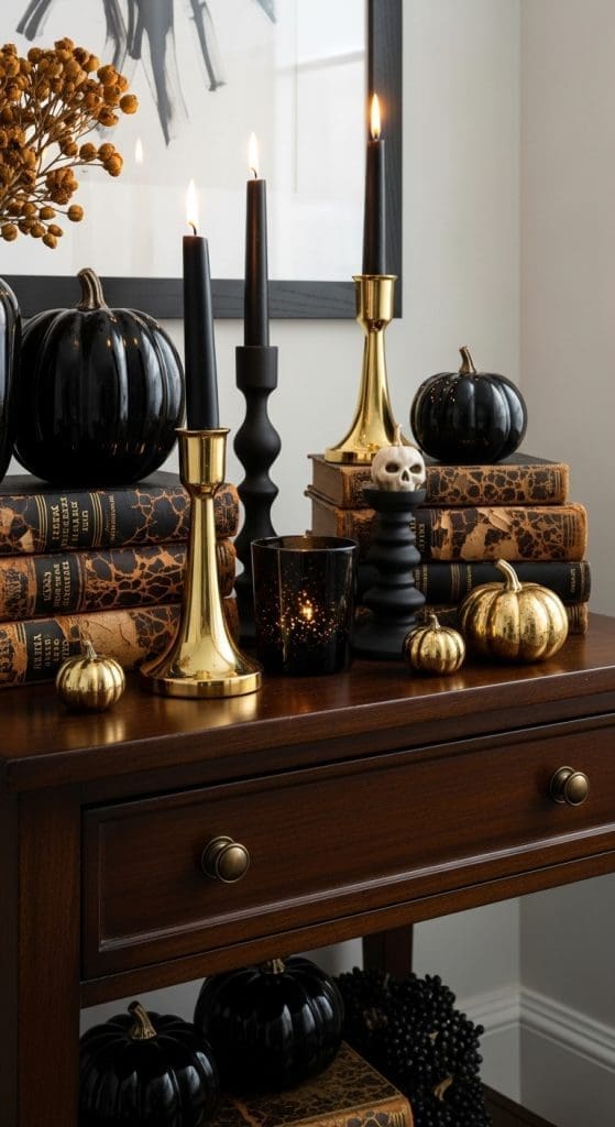 vintage books and candles Classy Halloween Decor