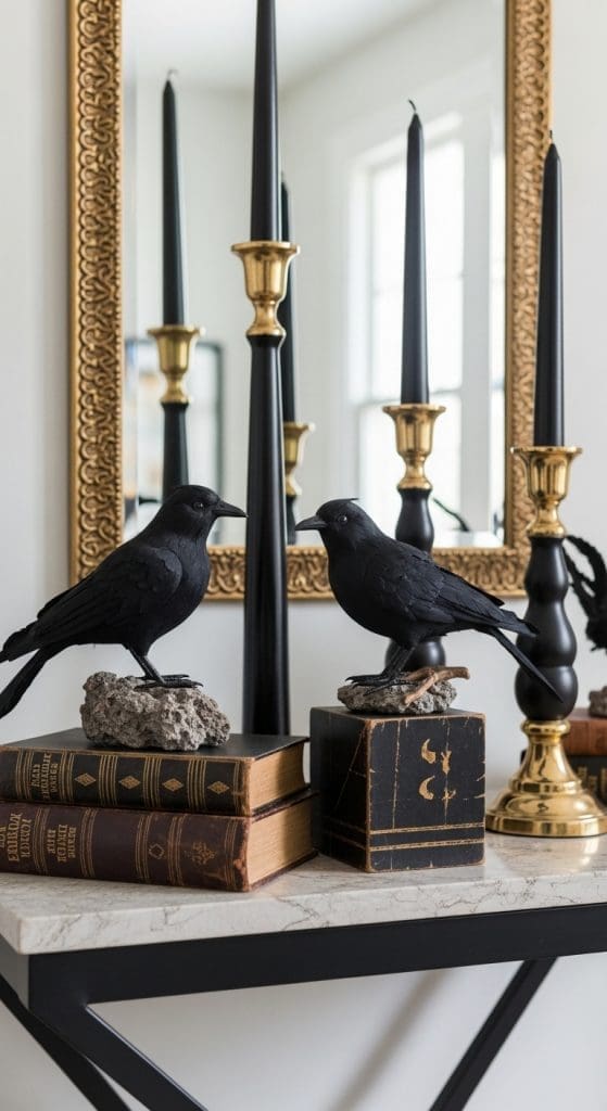 black crows with vintage books and vintage candle holders