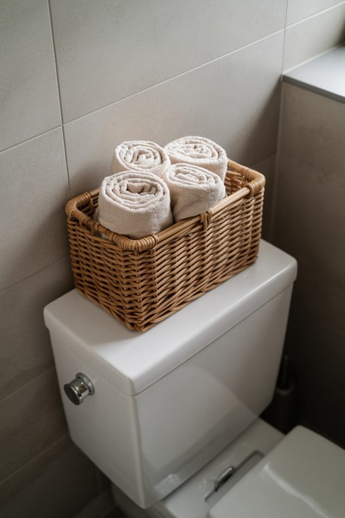 towel in a rattan basket