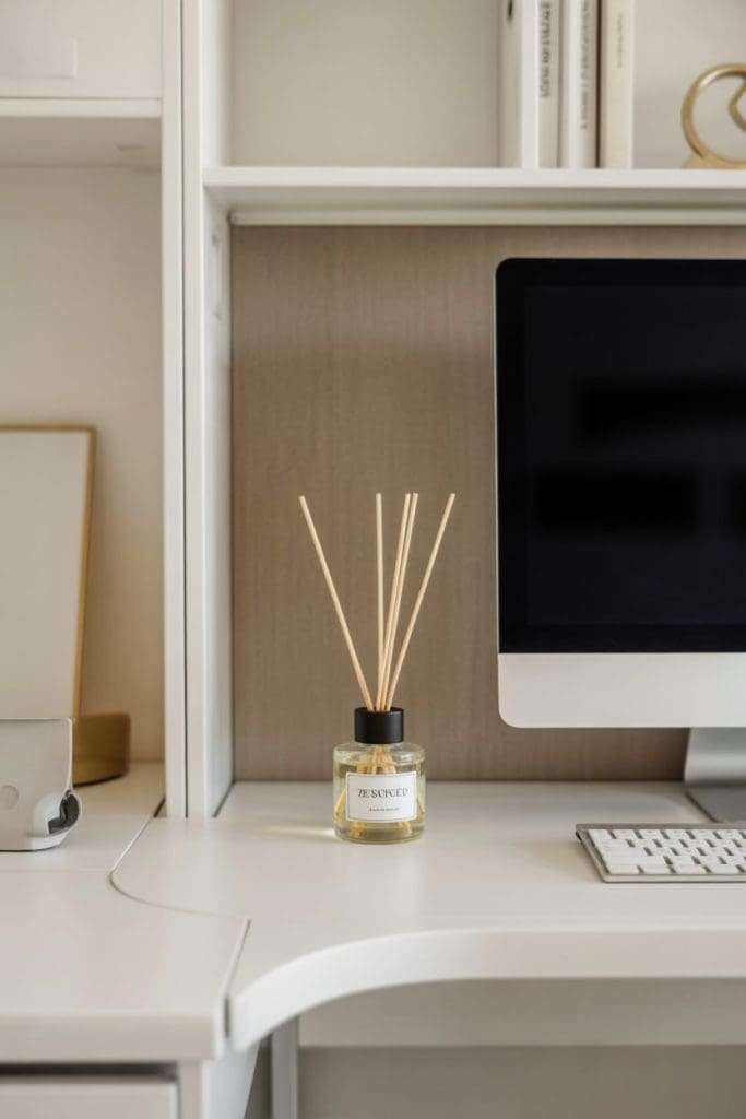reed diffuser on an office desk