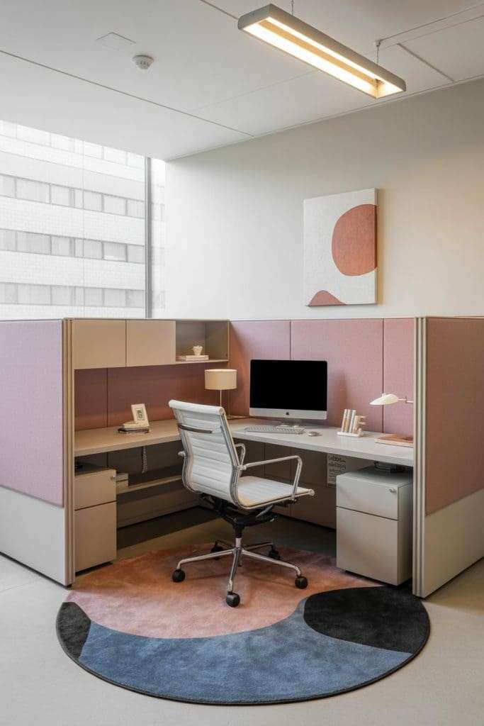 use a cute blue and pink rug under an office desk