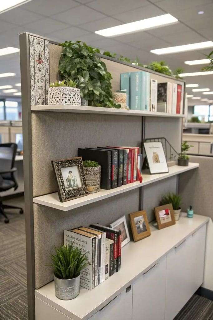 floating shelves with books & picture frames To Decorate Your Office at Work