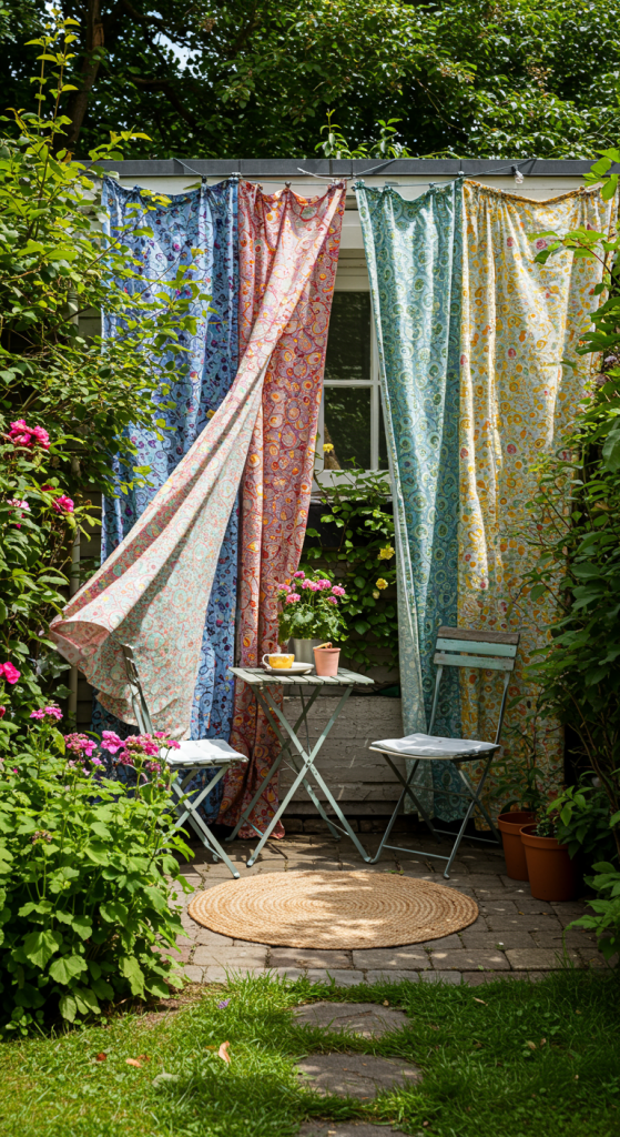 colourful fabric tapestry hanging in back garden