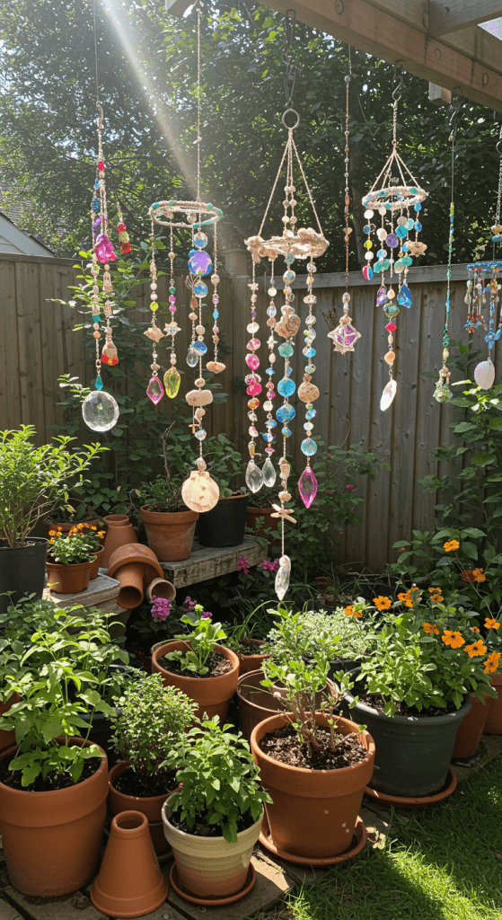 hanging crystal mobiles in back garden