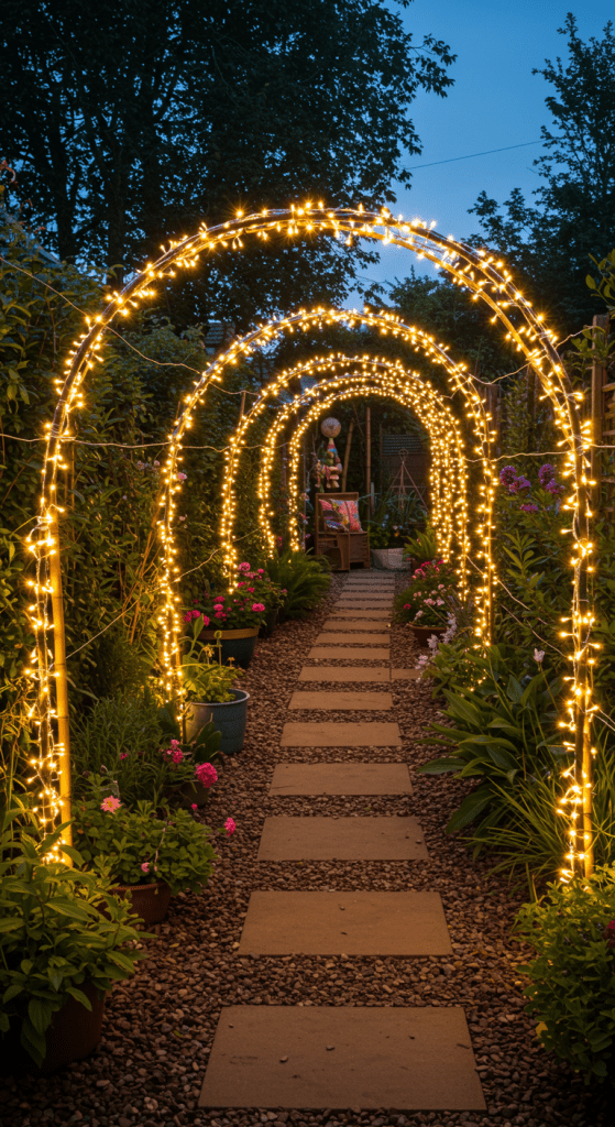 LED fairy light tunnel in a back garden
