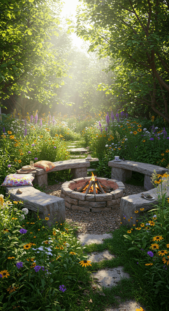 a firepit with lots of wild flowers and benches