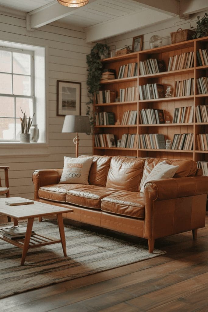 brown leather sofa ideas in front of a bookshelf full of books