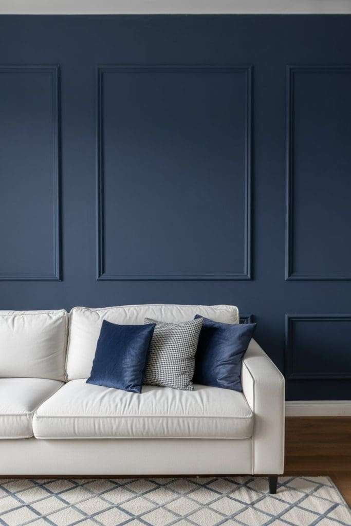 navy panels behind a white couch