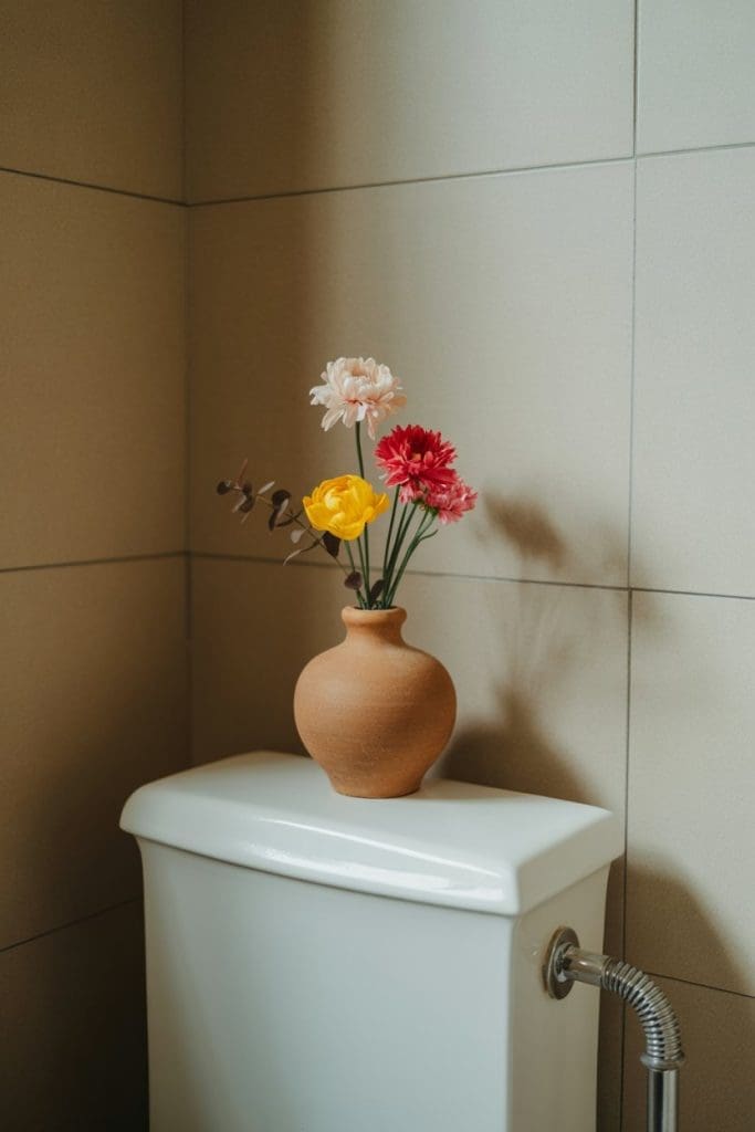 pottery vase with a few colourful flowers