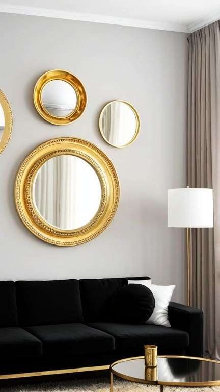 gold mirrors behind a black sofa
