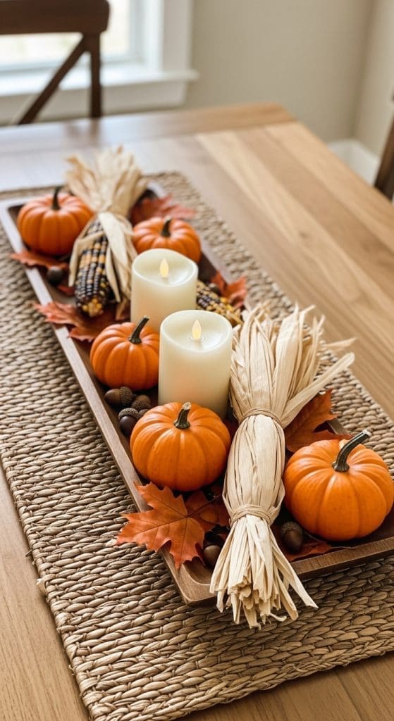 tray with mini pumpkins and corn on dining room table