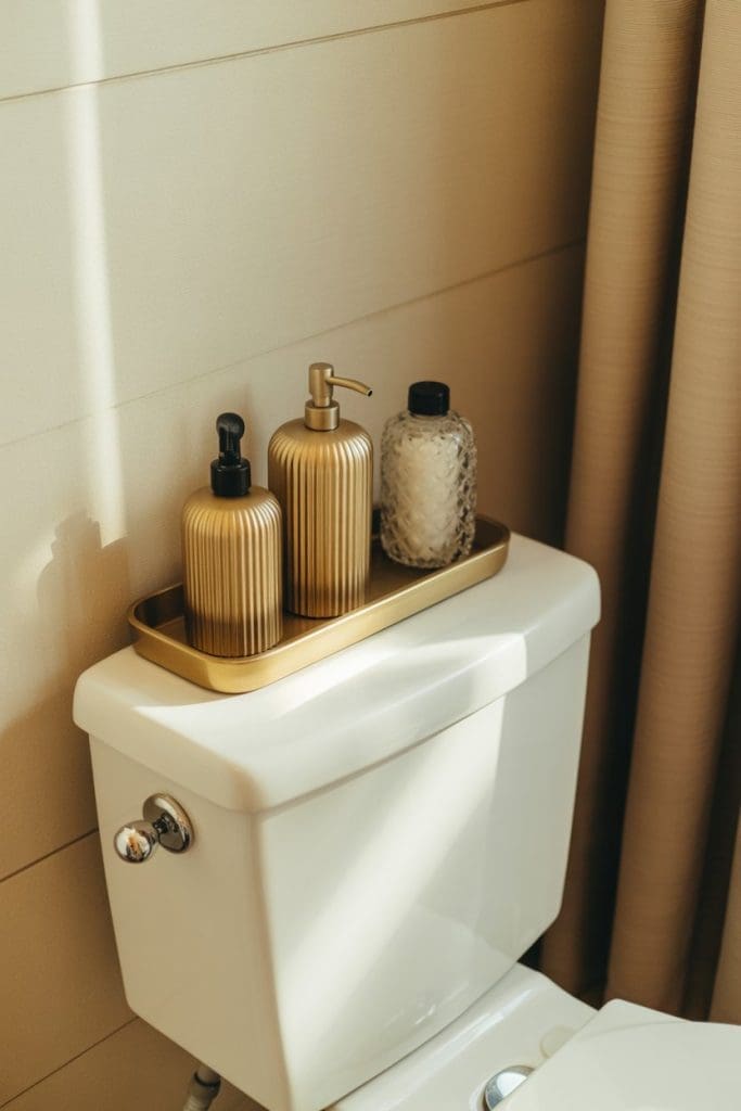 gold decor on top of toilet tank