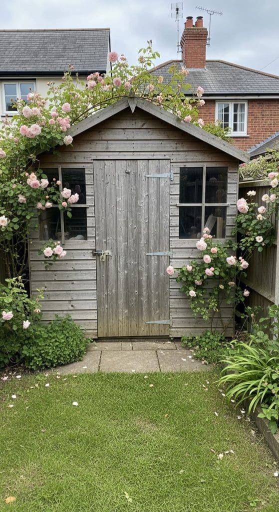 weathered wood shed with climbing roses