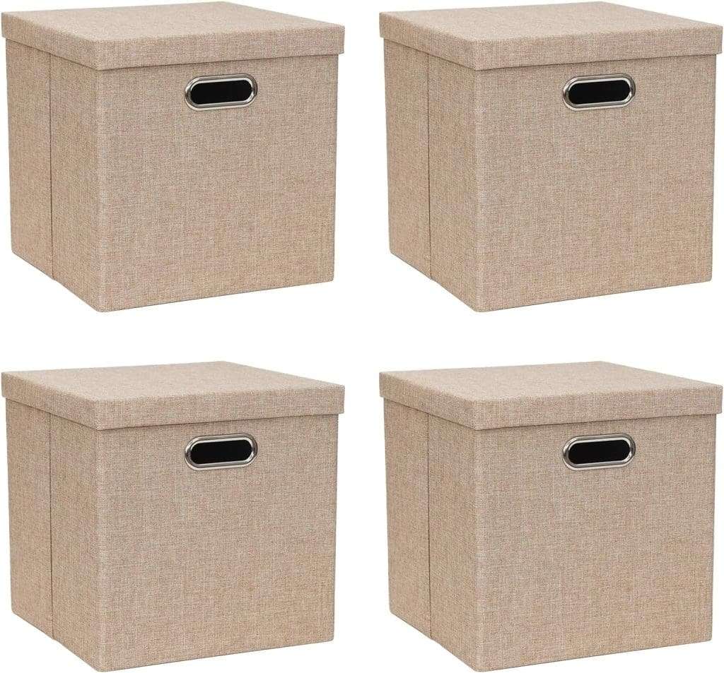 beige storage containers made from linen