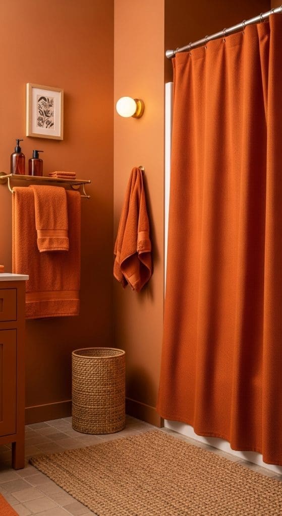 Burnt orange bathroom with rattan rug Fall Bathroom Decor