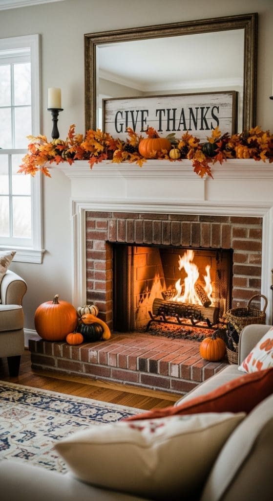 give thanks sign on top of the fireplace