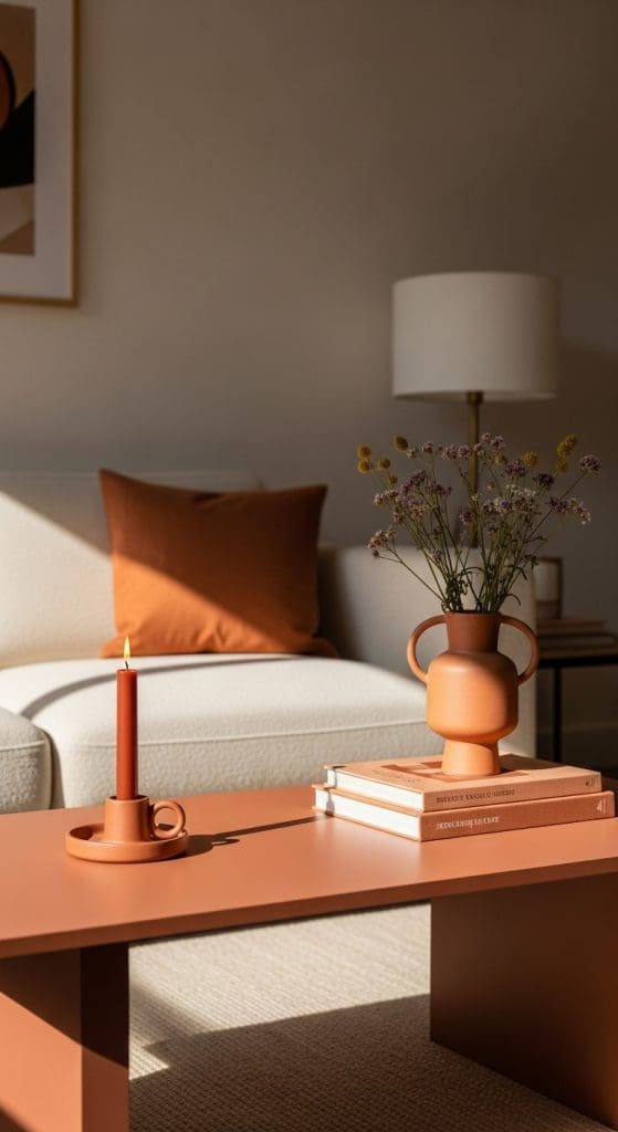 similar tone, terracotta, coffee table, candle holder and vase