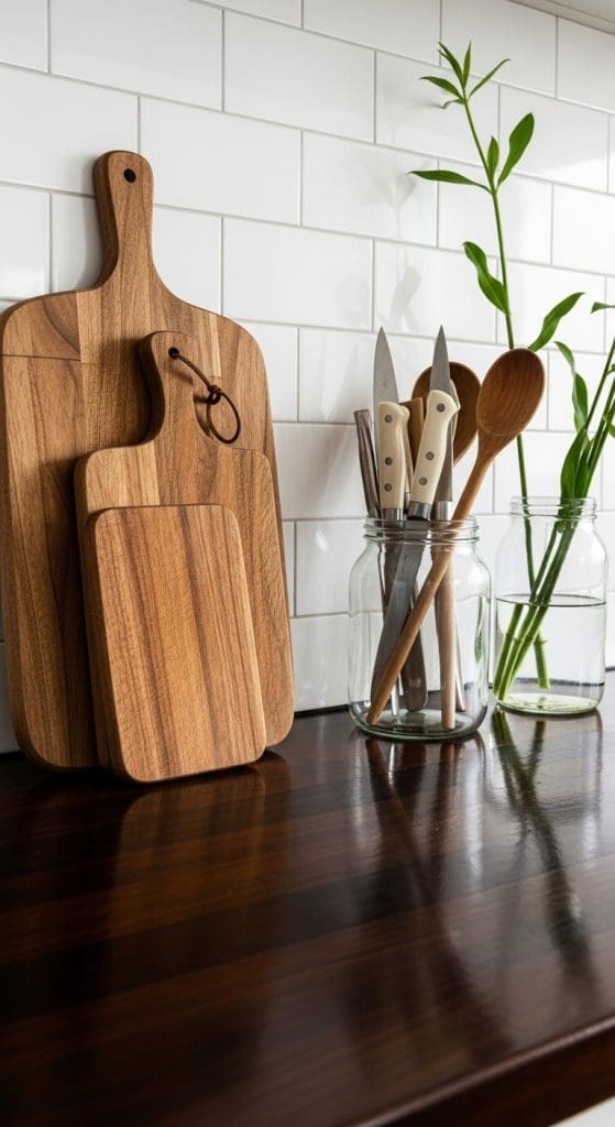 rustic cutting boards on a dark brown kitchen counter