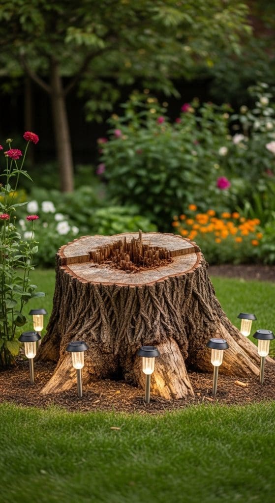 solar lights surrounding a stump in back yard
