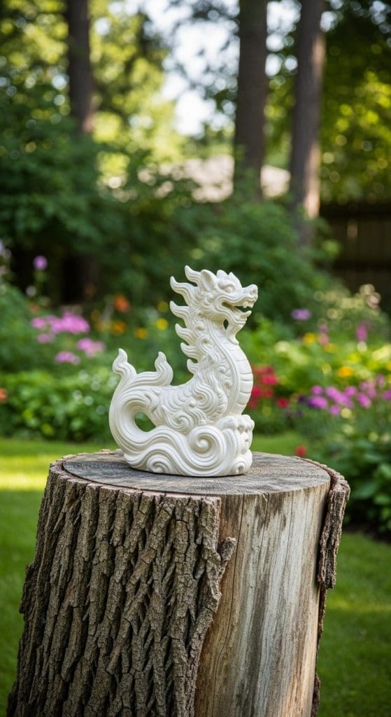 statue sitting on top of a stump