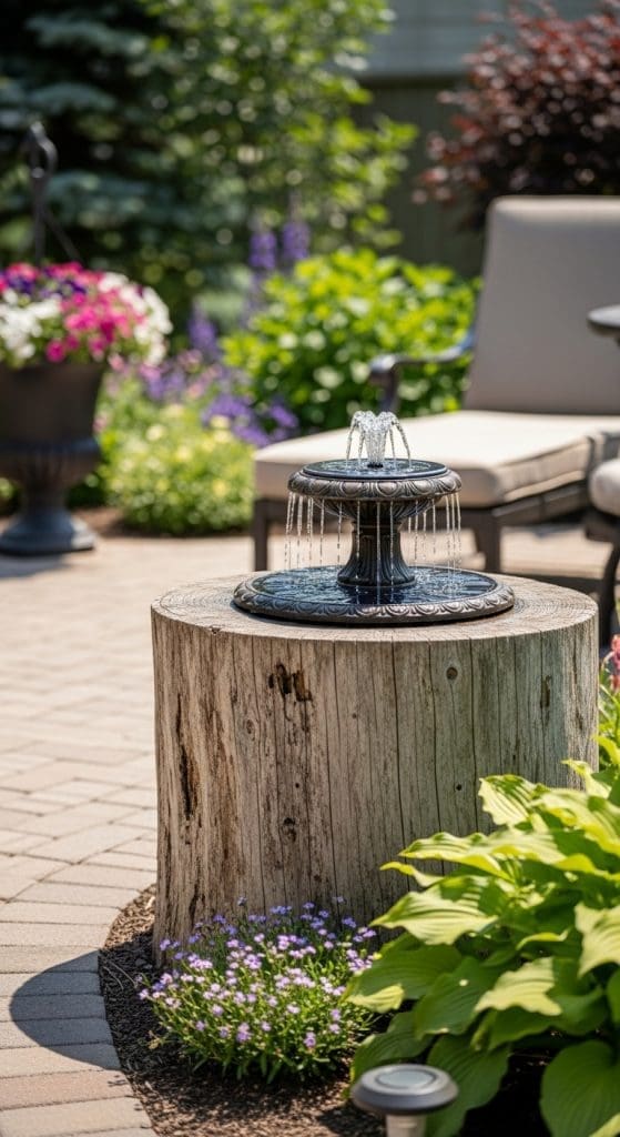 water fountain on top of tree stump