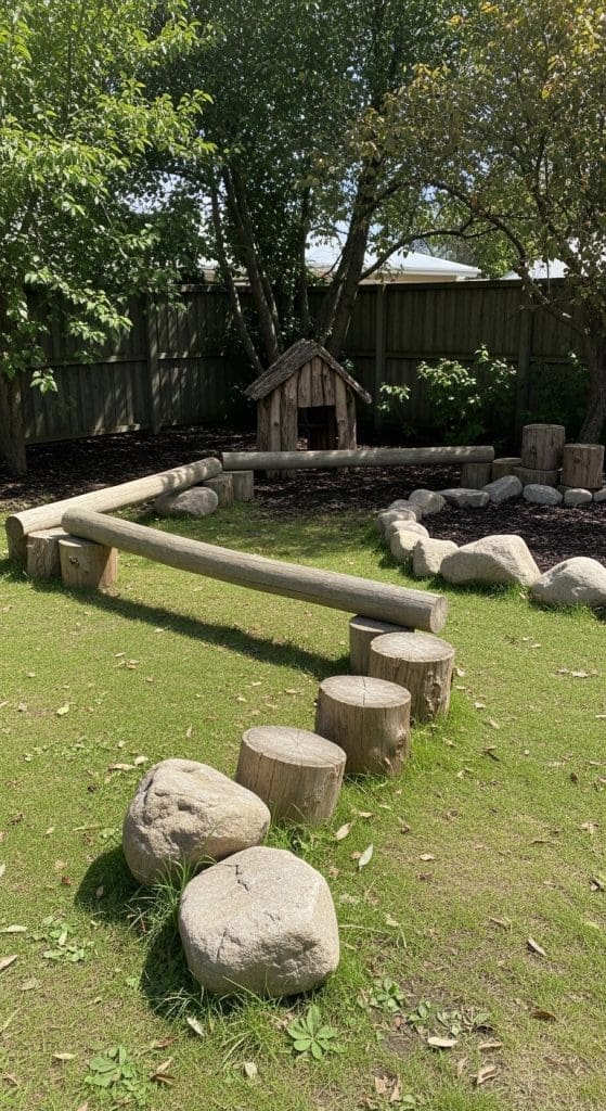 logs and stepping stones in backyard for kids
