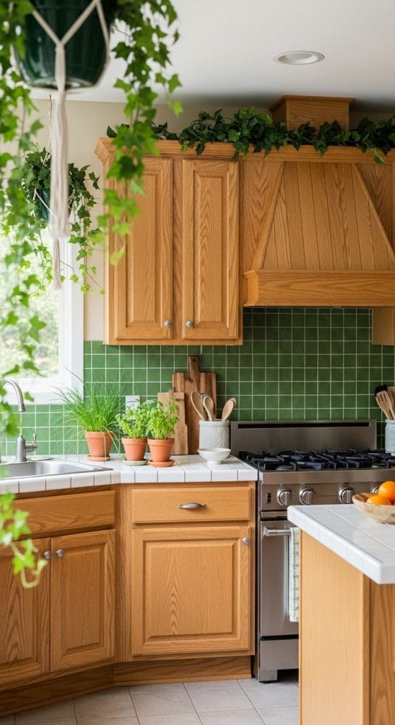 green kitchen backsplash and potted plants