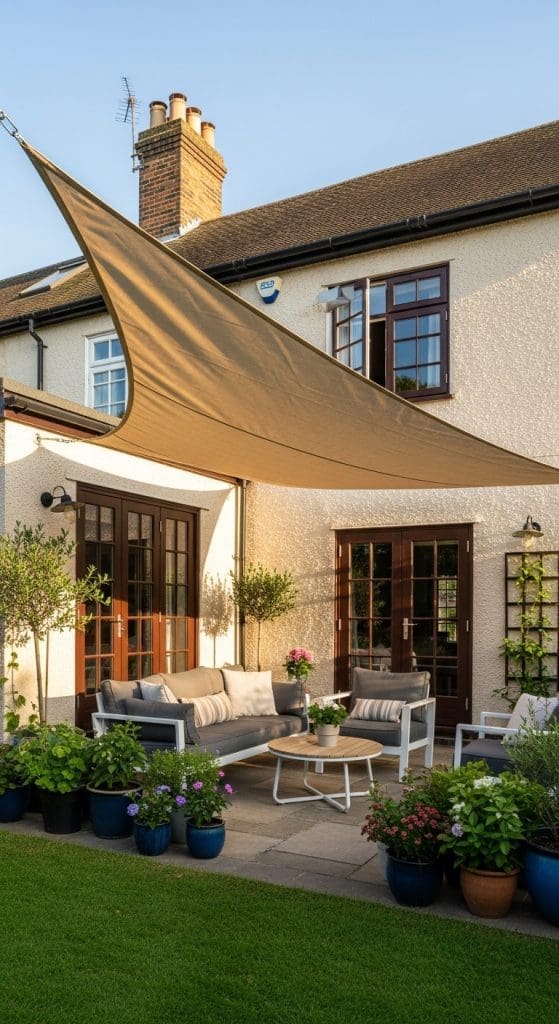 Canvas sail to create shade at an outdoor patio